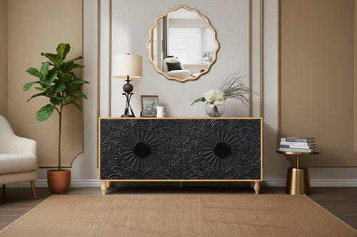 4-Door Vintage Storage Cabinet Sideboard Credenza Wood Buffet Accent Cabinet TV Stand with Symmetrical Carvings design, Black/White