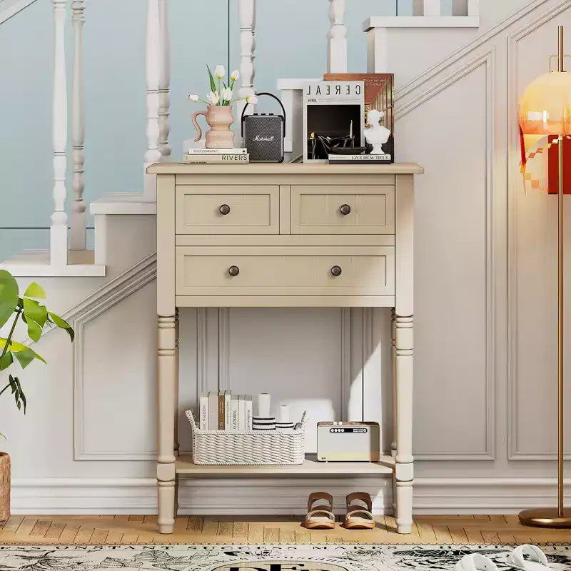 Solid Wood Console Table with Storage Drawers and Bottom Shelf