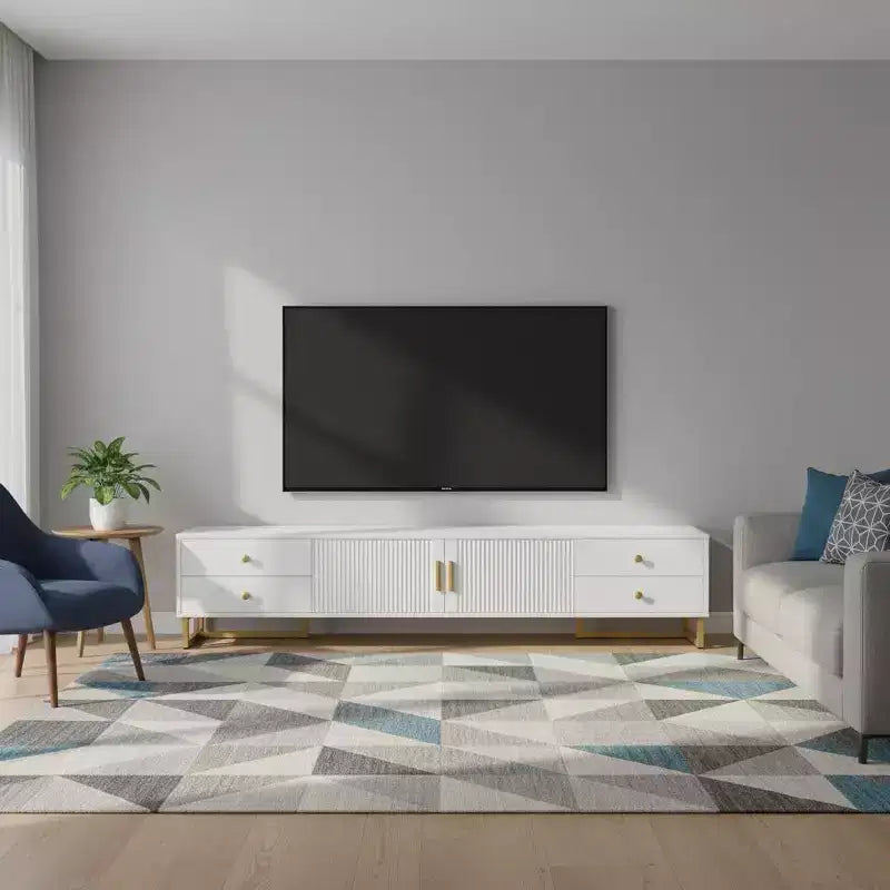 White TV Console with 4 Drawers and Cabinet Storage for Living Room, Fits TVs up to 70 Inch
