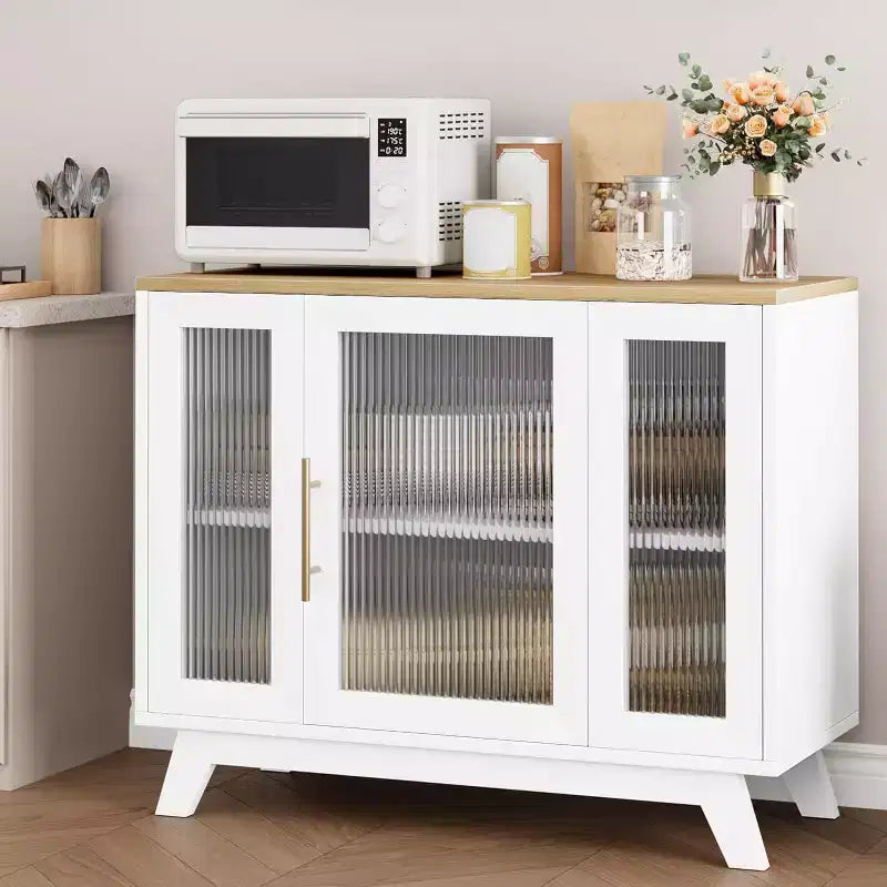 35.8 Aparador blanco puro, aparador con puertas de cristal estriado, tirador dorado, estante ajustable, mesa consola para cocina y sala de estar