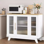 35.8 Aparador blanco puro, aparador con puertas de cristal estriado, tirador dorado, estante ajustable, mesa consola para cocina y sala de estar