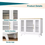 35.8 Aparador blanco puro, aparador con puertas de cristal estriado, tirador dorado, estante ajustable, mesa consola para cocina y sala de estar