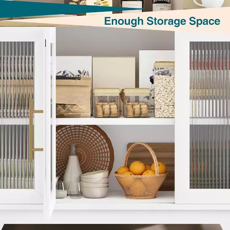 35.8 Aparador blanco puro, aparador con puertas de cristal estriado, tirador dorado, estante ajustable, mesa consola para cocina y sala de estar