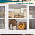 35.8 Aparador blanco puro, aparador con puertas de cristal estriado, tirador dorado, estante ajustable, mesa consola para cocina y sala de estar