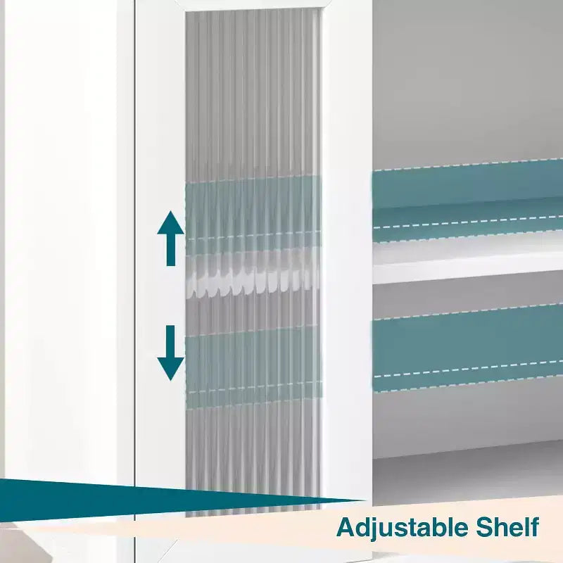 35.8 Aparador blanco puro, aparador con puertas de cristal estriado, tirador dorado, estante ajustable, mesa consola para cocina y sala de estar