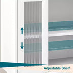 35.8 Aparador blanco puro, aparador con puertas de cristal estriado, tirador dorado, estante ajustable, mesa consola para cocina y sala de estar