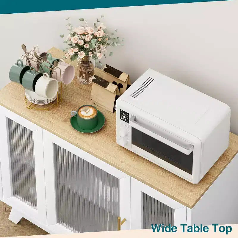 35.8 Aparador blanco puro, aparador con puertas de cristal estriado, tirador dorado, estante ajustable, mesa consola para cocina y sala de estar