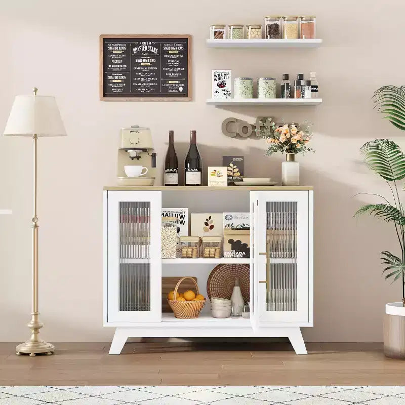 35.8 Aparador blanco puro, aparador con puertas de cristal estriado, tirador dorado, estante ajustable, mesa consola para cocina y sala de estar