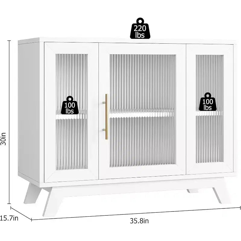 35.8 Aparador blanco puro, aparador con puertas de cristal estriado, tirador dorado, estante ajustable, mesa consola para cocina y sala de estar