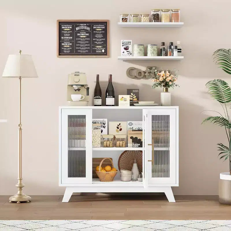 35.8 Aparador blanco puro, aparador con puertas de cristal estriado, tirador dorado, estante ajustable, mesa consola para cocina y sala de estar