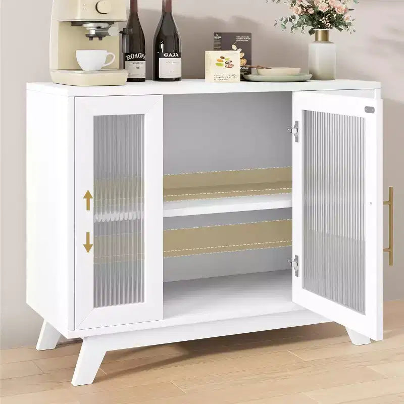 35.8 Aparador blanco puro, aparador con puertas de cristal estriado, tirador dorado, estante ajustable, mesa consola para cocina y sala de estar