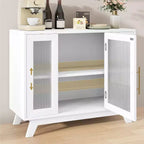 35.8 Aparador blanco puro, aparador con puertas de cristal estriado, tirador dorado, estante ajustable, mesa consola para cocina y sala de estar