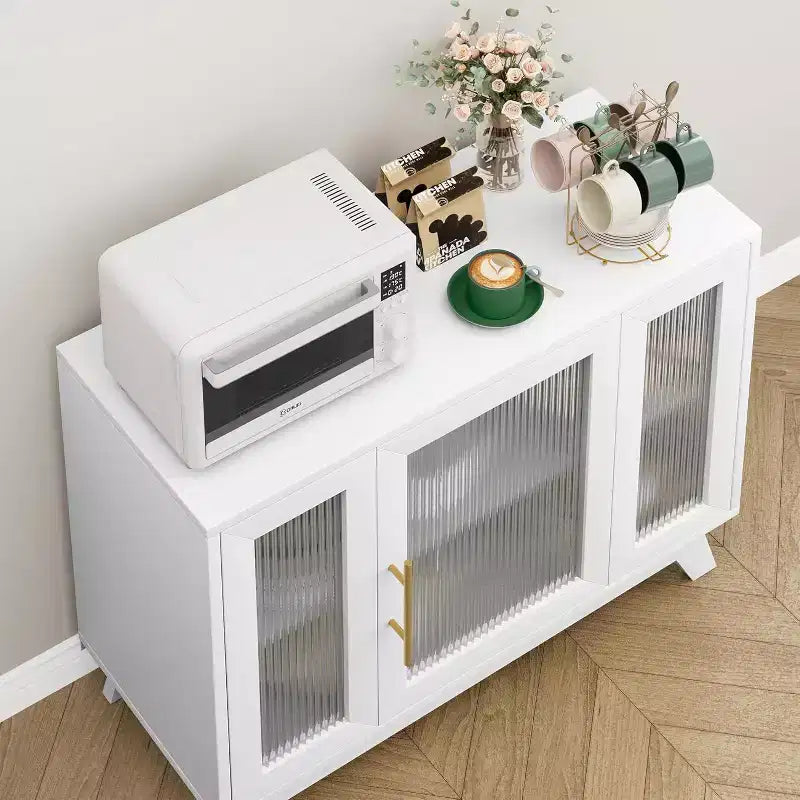 35.8 Aparador blanco puro, aparador con puertas de cristal estriado, tirador dorado, estante ajustable, mesa consola para cocina y sala de estar
