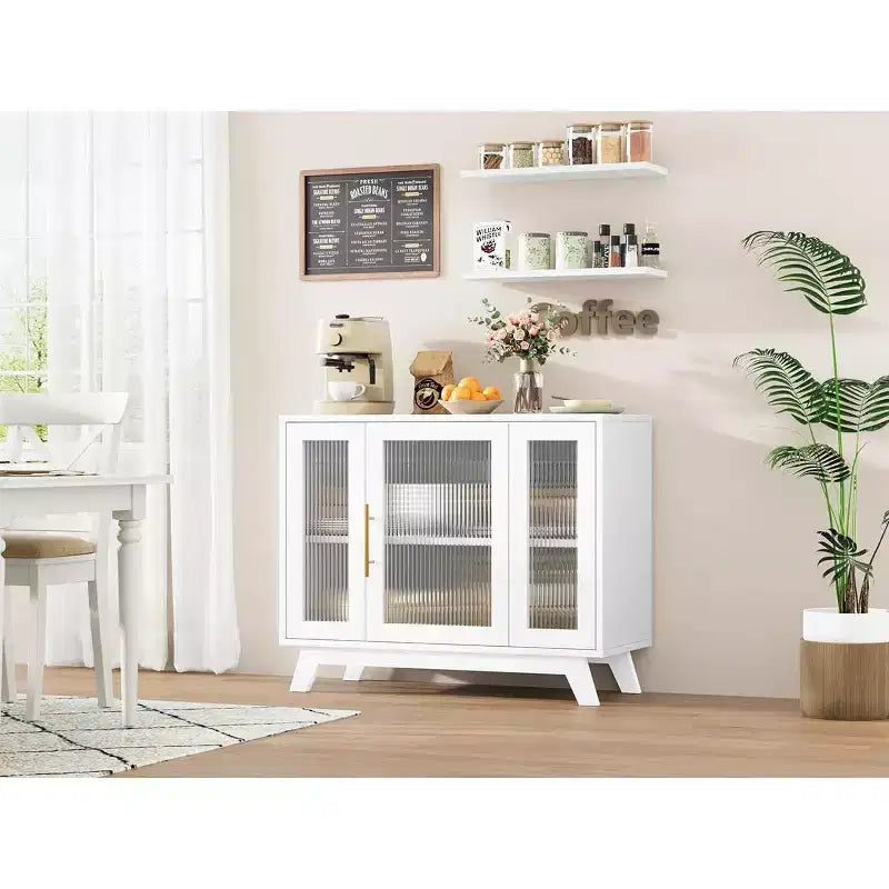 35.8 Aparador blanco puro, aparador con puertas de cristal estriado, tirador dorado, estante ajustable, mesa consola para cocina y sala de estar