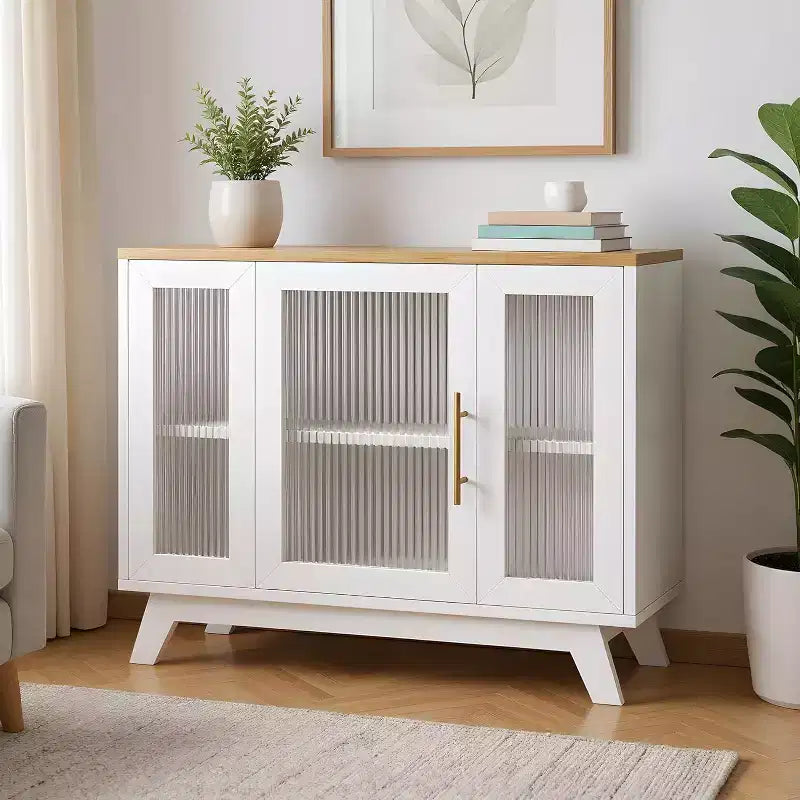 35.8 Aparador blanco puro, aparador con puertas de cristal estriado, tirador dorado, estante ajustable, mesa consola para cocina y sala de estar