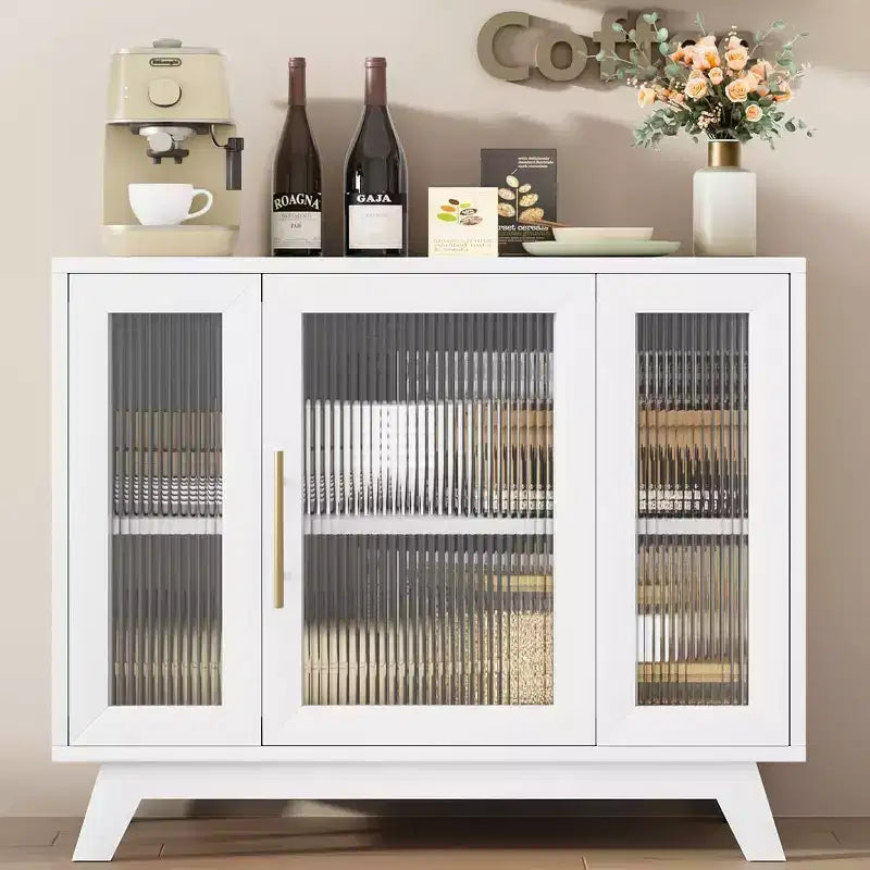 35.8 Pure White Sideboard Buffet Cabinet, Fluted Glass Doors, Gold Handle, Adjustable Shelf, Console Table for Kitchen & Living Room