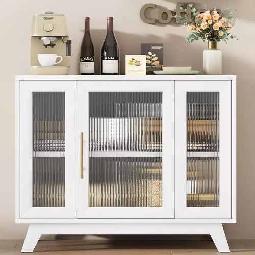 35.8 Pure White Sideboard Buffet Cabinet, Fluted Glass Doors, Gold Handle, Adjustable Shelf, Console Table for Kitchen & Living Room
