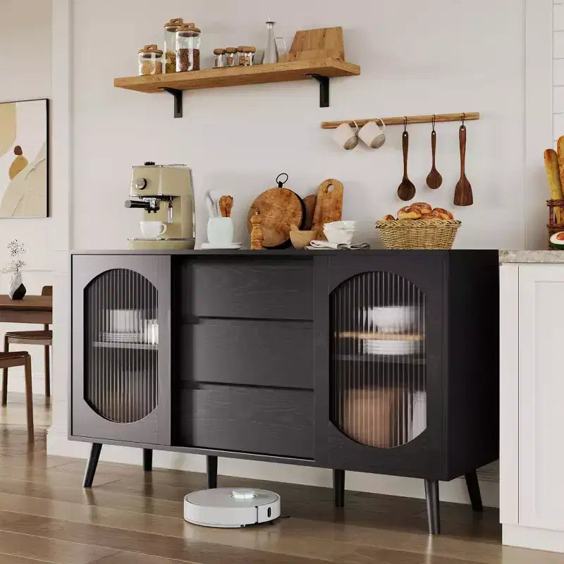 Aparador Buffet con Puertas de Vidrio Estriado y Cajones, Gabinete con Almacenamiento, Aparador Negro para Cocina, Comedor, Sala de Estar
