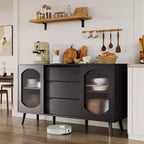 Aparador Buffet con Puertas de Vidrio Estriado y Cajones, Gabinete con Almacenamiento, Aparador Negro para Cocina, Comedor, Sala de Estar