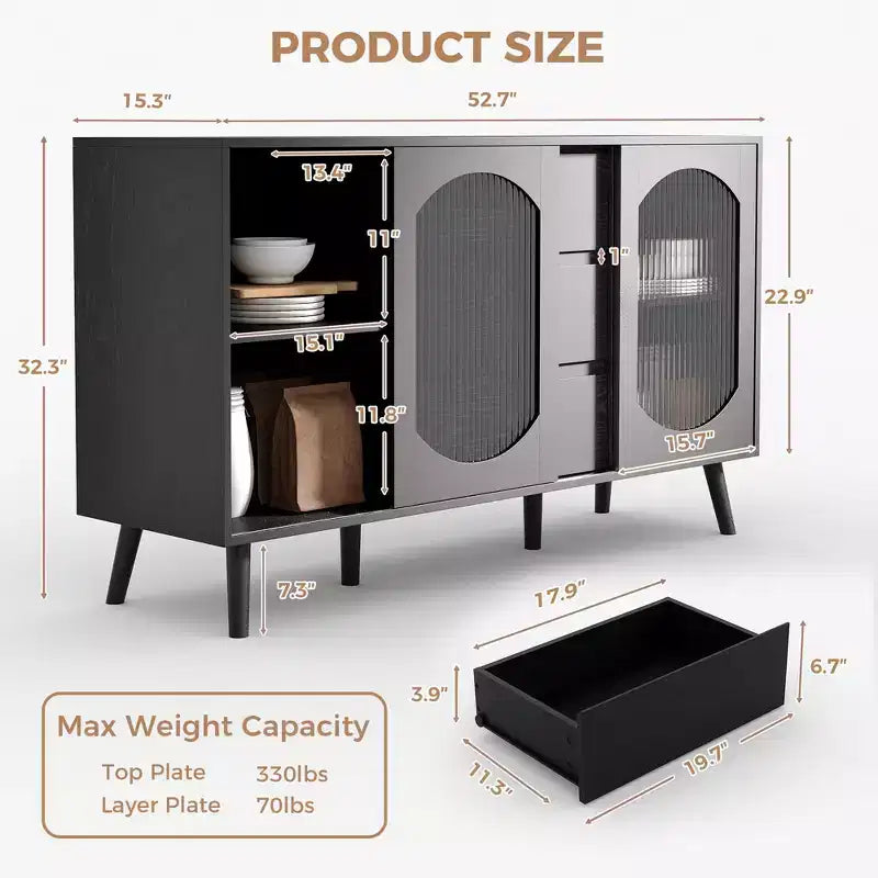 Aparador Buffet con Puertas de Vidrio Estriado y Cajones, Gabinete con Almacenamiento, Aparador Negro para Cocina, Comedor, Sala de Estar