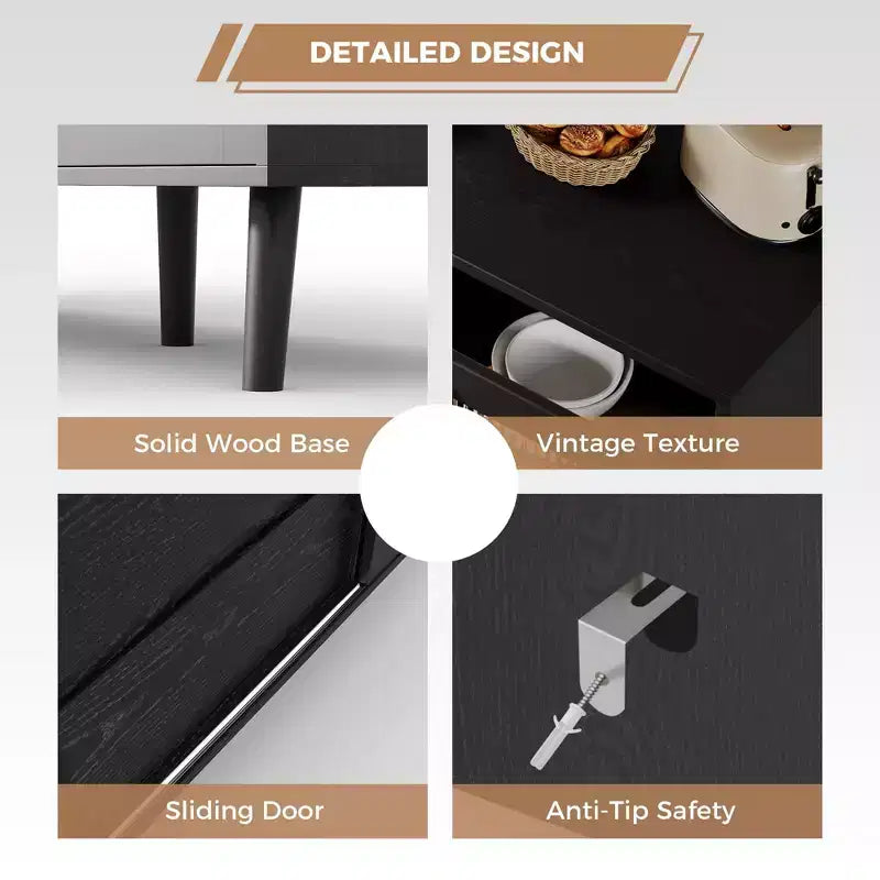 Aparador Buffet con Puertas de Vidrio Estriado y Cajones, Gabinete con Almacenamiento, Aparador Negro para Cocina, Comedor, Sala de Estar