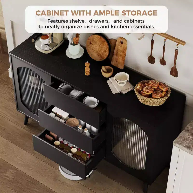 Aparador Buffet con Puertas de Vidrio Estriado y Cajones, Gabinete con Almacenamiento, Aparador Negro para Cocina, Comedor, Sala de Estar