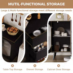Aparador Buffet con Puertas de Vidrio Estriado y Cajones, Gabinete con Almacenamiento, Aparador Negro para Cocina, Comedor, Sala de Estar