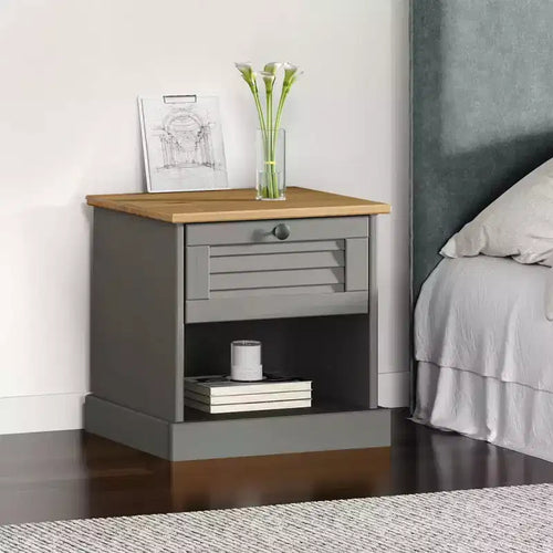 Bedside Cabinet Grey Solid pine wood, engineered wood, metal
