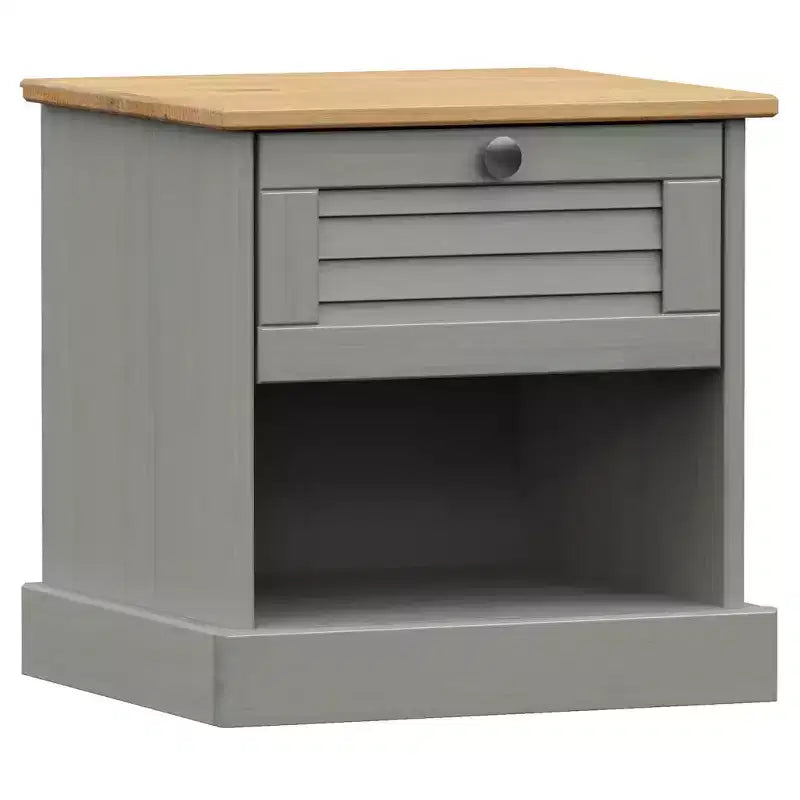 Mesita de noche gris Madera maciza de pino, madera de ingeniería, metal