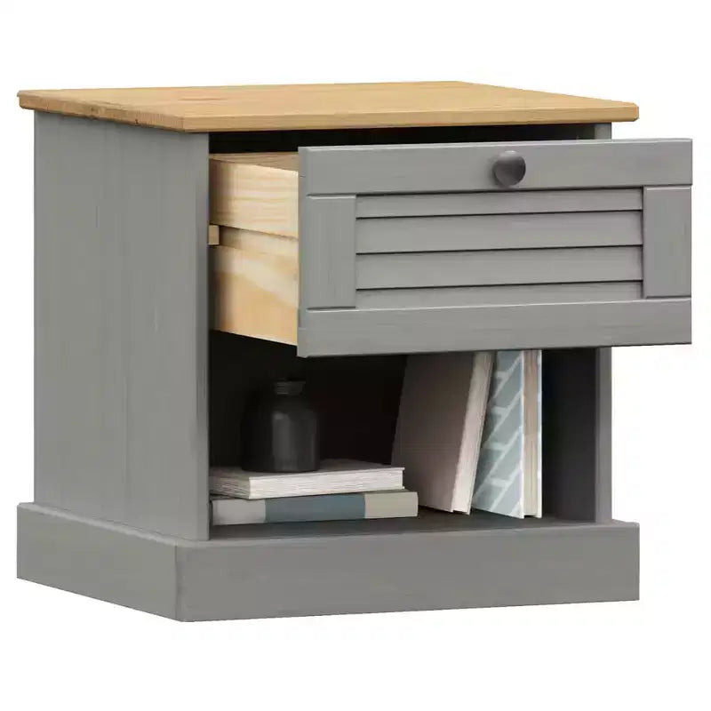 Mesita de noche gris Madera maciza de pino, madera de ingeniería, metal