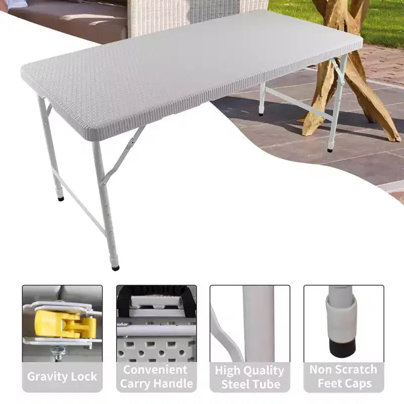 Mesa Plegable de Ratán de 1.2 m, Mesa de Picnic Exterior Portátil Resistente para Fiestas, Cenas, Camping con Asa