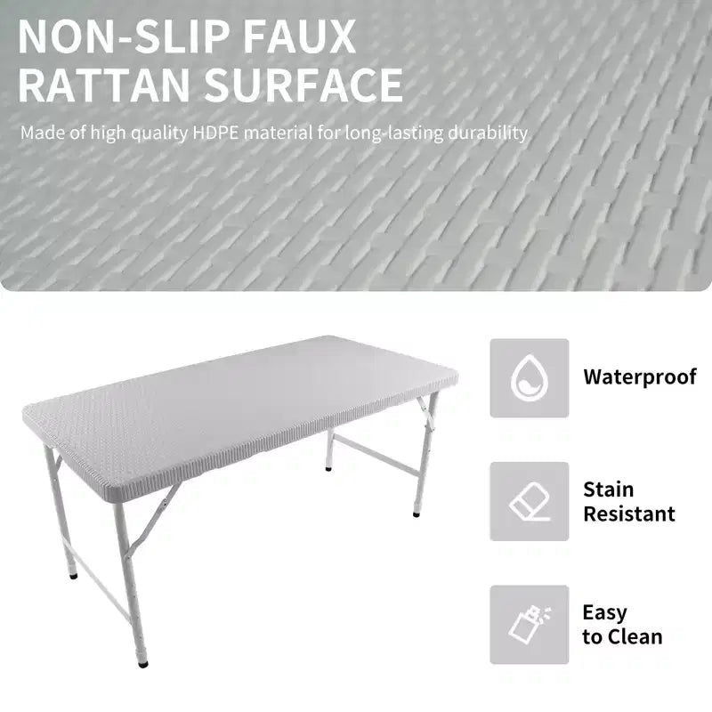 Mesa Plegable de Ratán de 1.2 m, Mesa de Picnic Exterior Portátil Resistente para Fiestas, Cenas, Camping con Asa