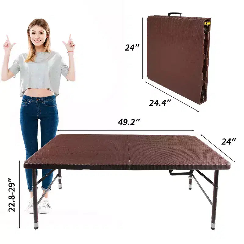 Mesa Plegable de Ratán de 1.2 m, Mesa de Picnic Exterior Portátil Resistente para Fiestas, Cenas, Camping con Asa