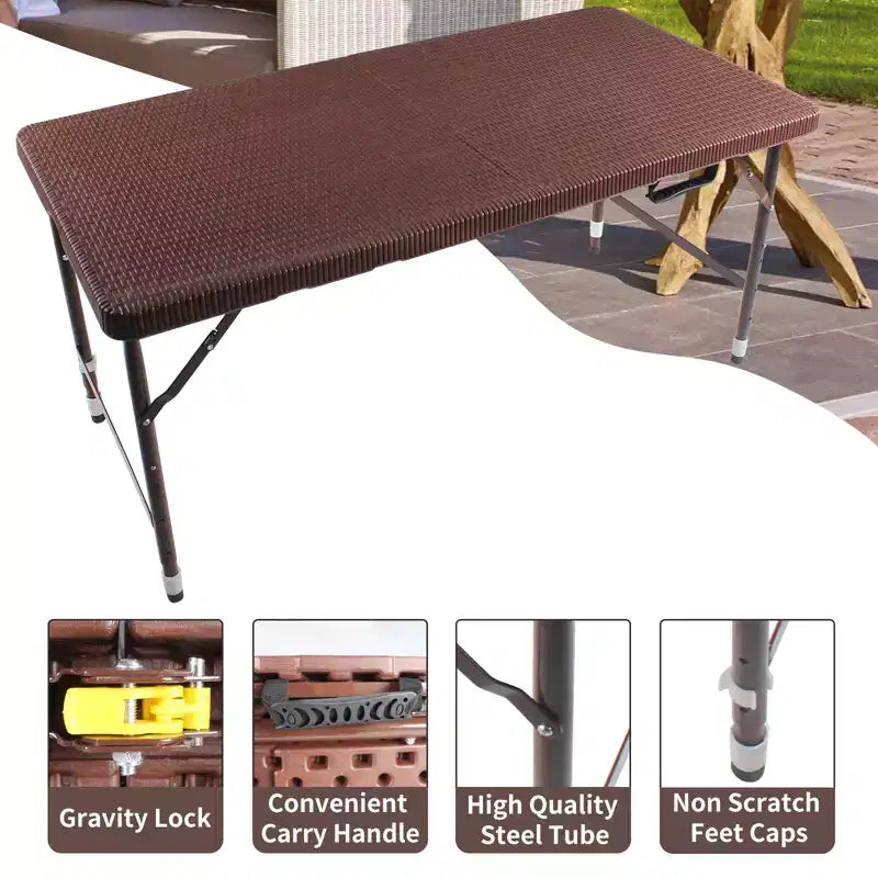 Mesa Plegable de Ratán de 1.2 m, Mesa de Picnic Exterior Portátil Resistente para Fiestas, Cenas, Camping con Asa