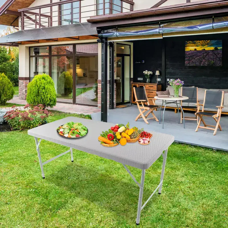 Mesa Plegable de Ratán de 1.2 m, Mesa de Picnic Exterior Portátil Resistente para Fiestas, Cenas, Camping con Asa