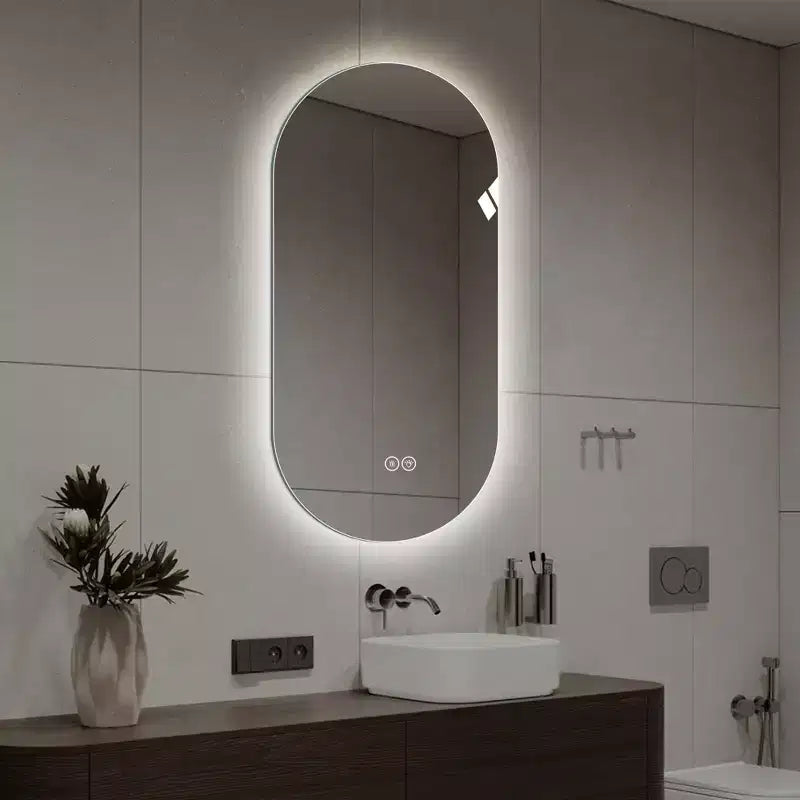 Espejo de baño con tocador inteligente, montado en la pared, con pantalla táctil LED, antiempañamiento, de 48 x 24 pulgadas