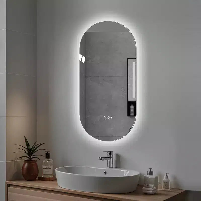 Espejo de baño con tocador inteligente, montado en la pared, con pantalla táctil LED, antiempañamiento, de 48 x 24 pulgadas