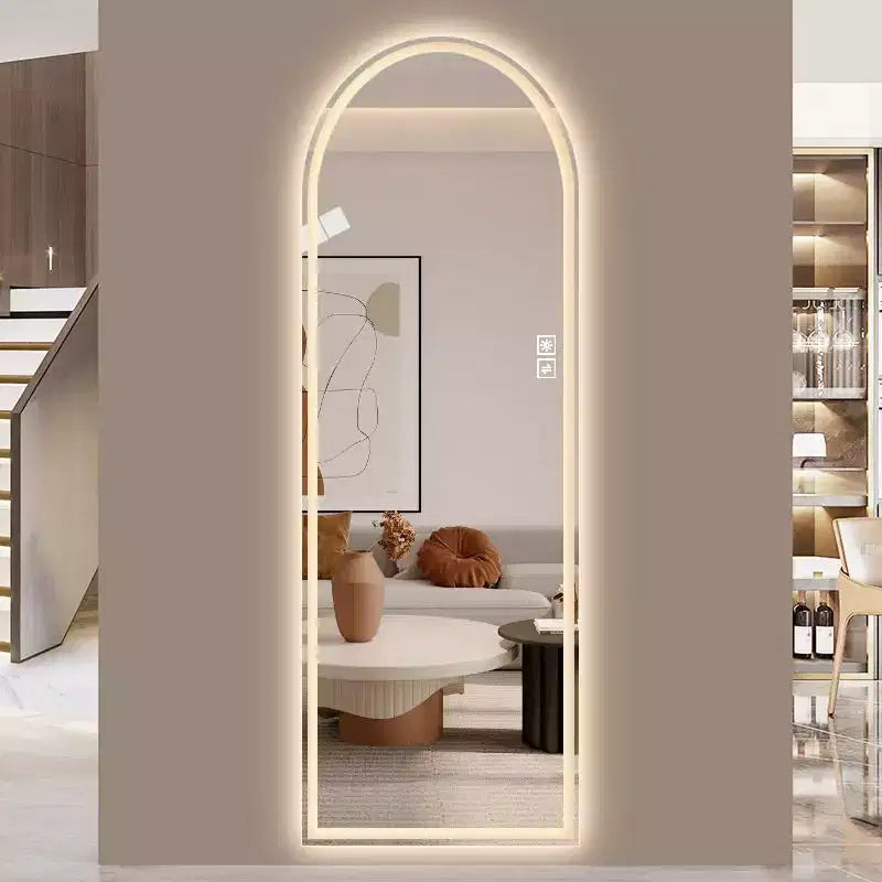 Espejo de cuerpo entero LED con arco de 65 x 21 pulgadas, regulable, de pie o montado en la pared para dormitorio, sala de estar, vestidor
