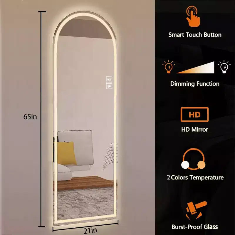 Espejo de cuerpo entero LED con arco de 65 x 21 pulgadas, regulable, de pie o montado en la pared para dormitorio, sala de estar, vestidor