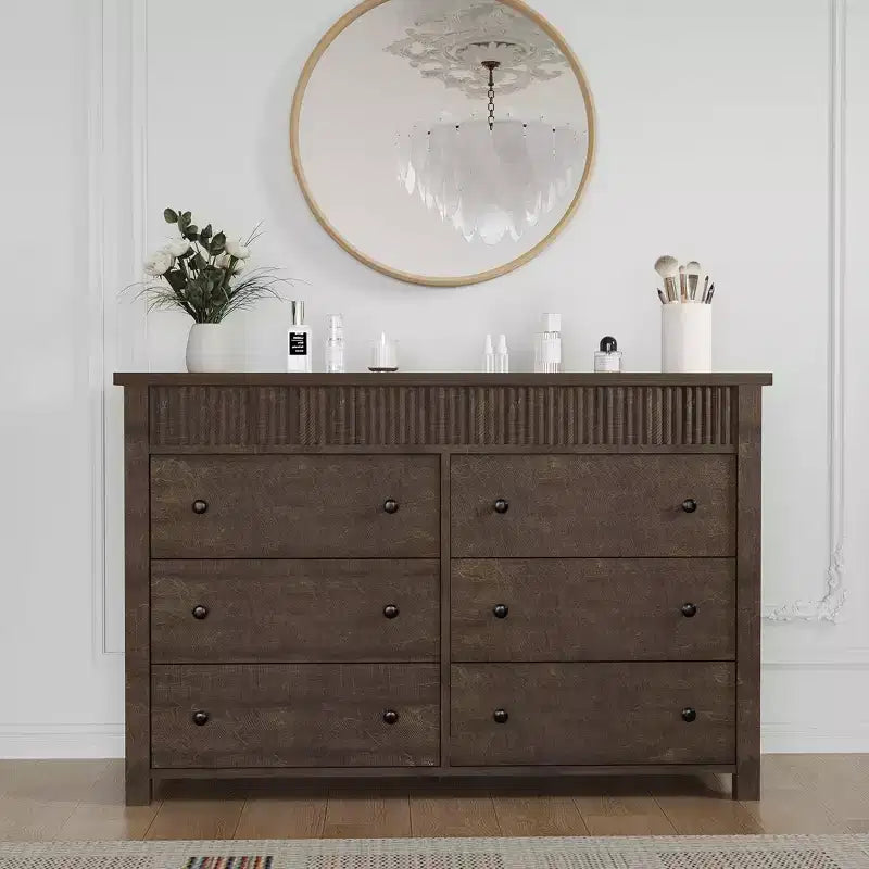 Cómoda de 7 cajones para dormitorio, cómoda de madera, mueble de TV estriado, organizador de almacenamiento para sala de estar, pasillo y entrada, nogal