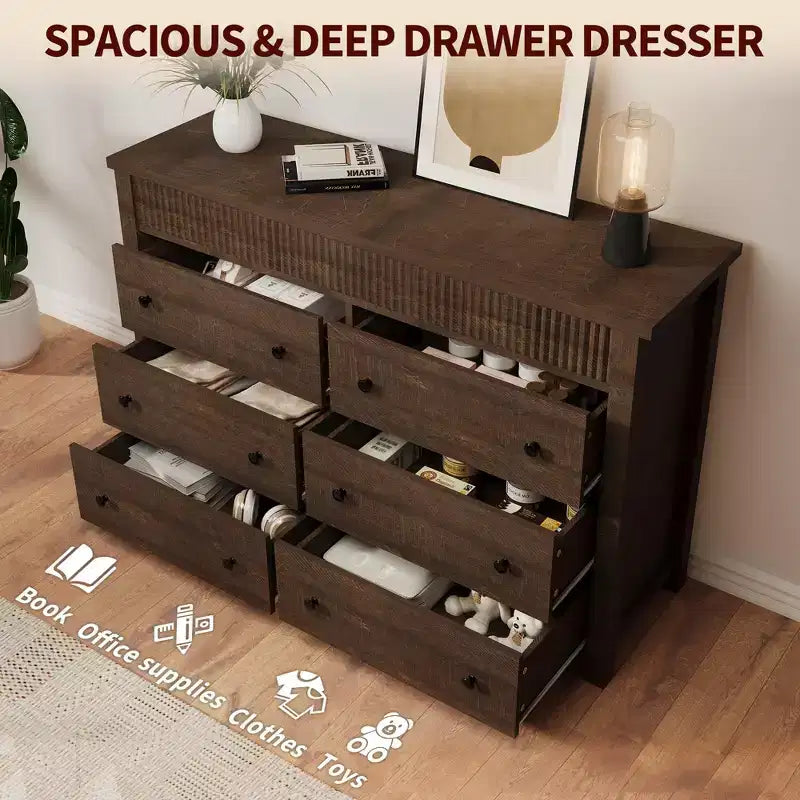 Cómoda de 7 cajones para dormitorio, cómoda de madera, mueble de TV estriado, organizador de almacenamiento para sala de estar, pasillo y entrada, nogal