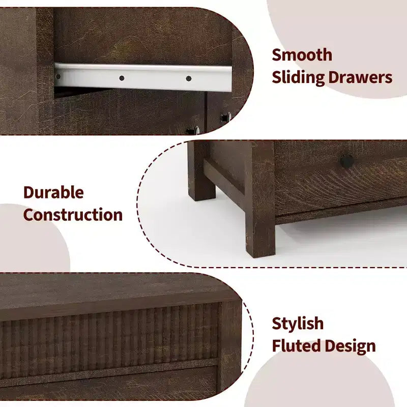 Cómoda de 7 cajones para dormitorio, cómoda de madera, mueble de TV estriado, organizador de almacenamiento para sala de estar, pasillo y entrada, nogal