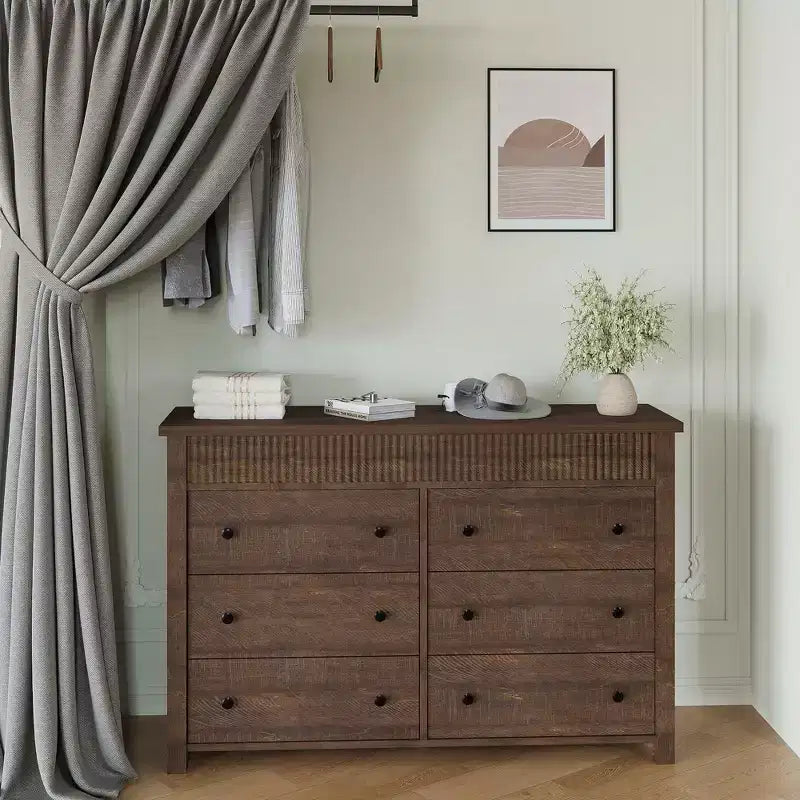 Cómoda de 7 cajones para dormitorio, cómoda de madera, mueble de TV estriado, organizador de almacenamiento para sala de estar, pasillo y entrada, nogal