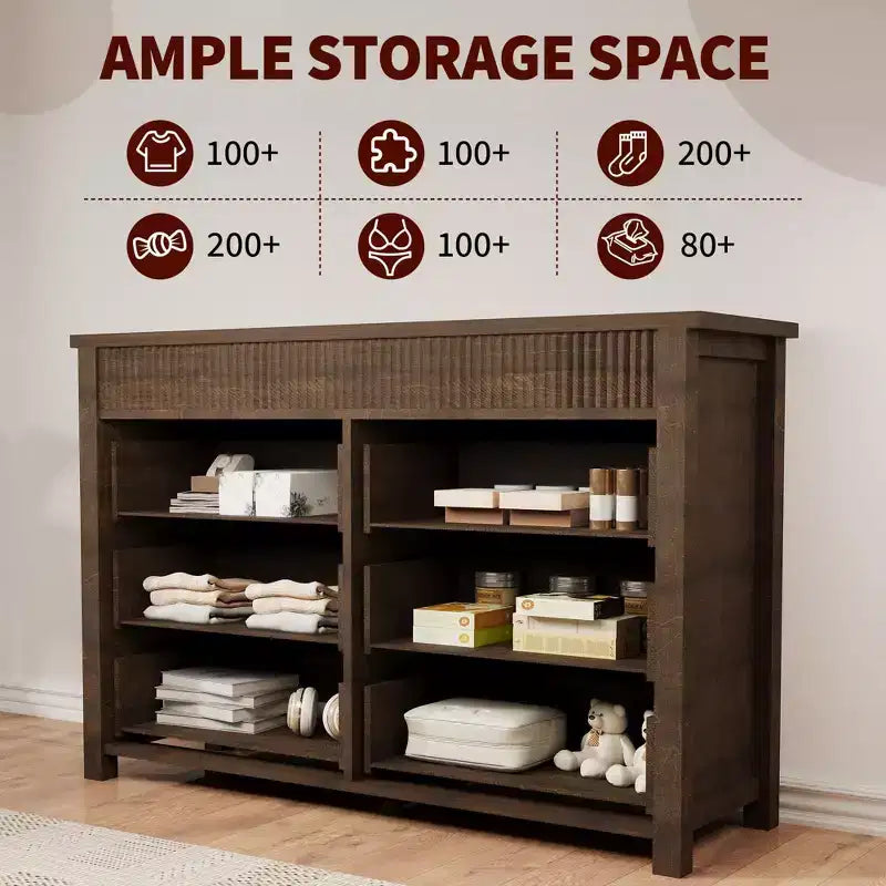 Cómoda de 7 cajones para dormitorio, cómoda de madera, mueble de TV estriado, organizador de almacenamiento para sala de estar, pasillo y entrada, nogal