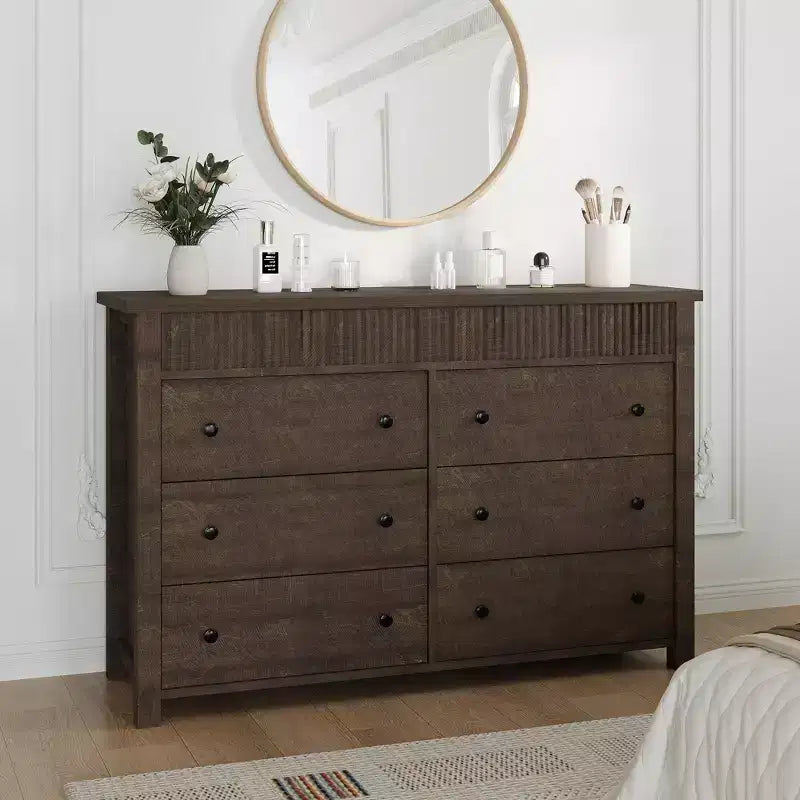 Cómoda de 7 cajones para dormitorio, cómoda de madera, mueble de TV estriado, organizador de almacenamiento para sala de estar, pasillo y entrada, nogal