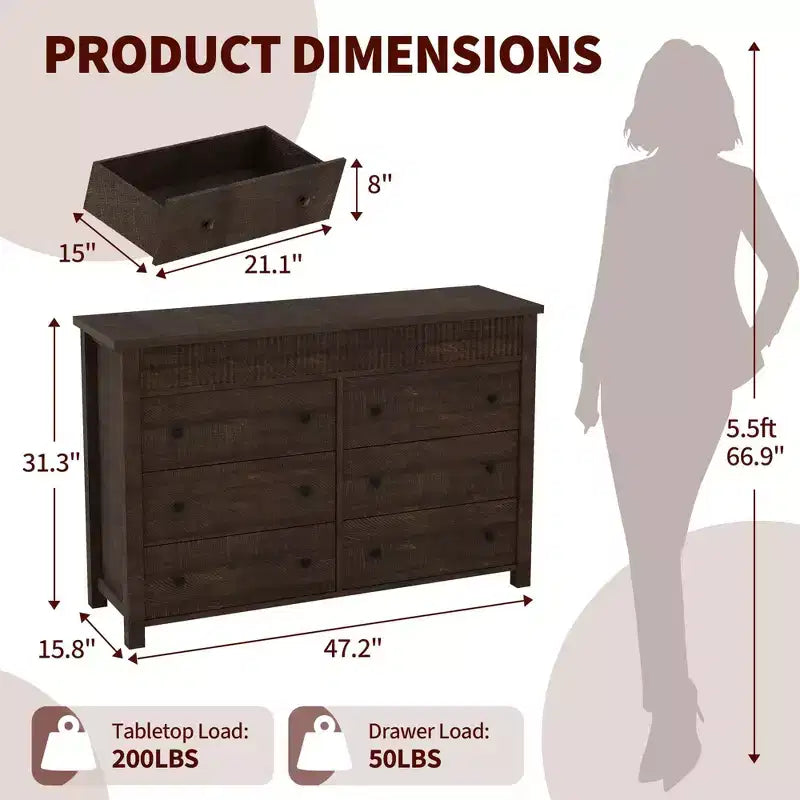 Cómoda de 7 cajones para dormitorio, cómoda de madera, mueble de TV estriado, organizador de almacenamiento para sala de estar, pasillo y entrada, nogal