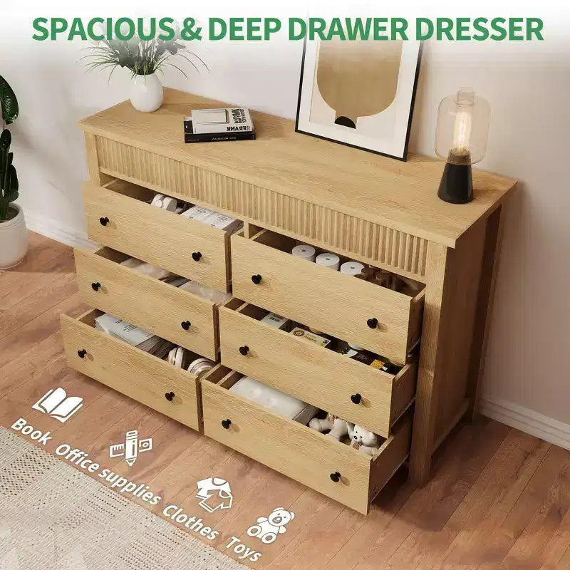 Cómoda de 7 cajones para dormitorio, cómoda de madera, mueble de TV estriado, organizador de almacenamiento para sala de estar, pasillo y entrada, nogal