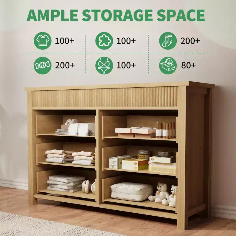 Cómoda de 7 cajones para dormitorio, cómoda de madera, mueble de TV estriado, organizador de almacenamiento para sala de estar, pasillo y entrada, nogal