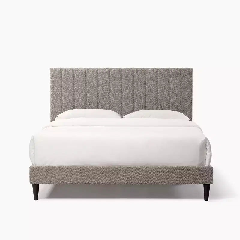 Base de cama Queen de terciopelo, cabecero con alas y capitoné vertical, listones de madera, sin necesidad de somier, fácil montaje, blanco