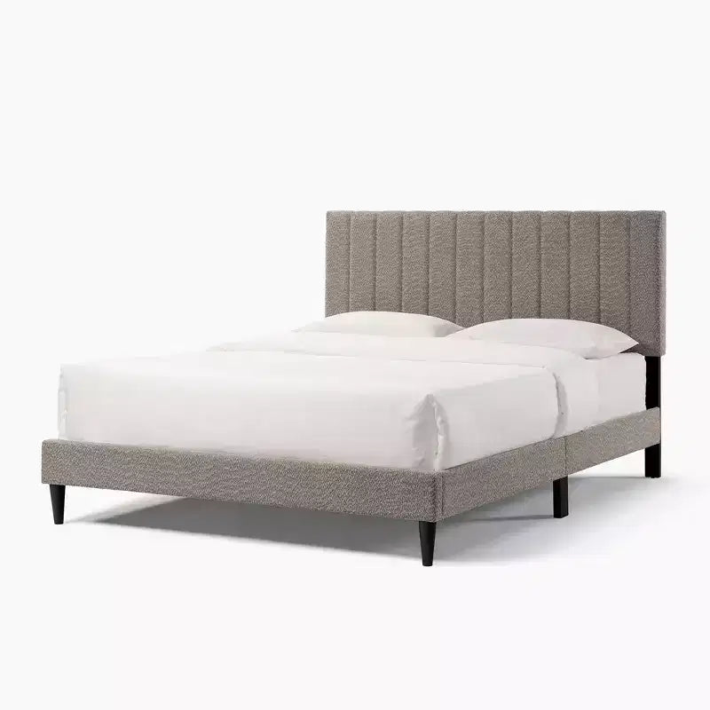 Base de cama Queen de terciopelo, cabecero con alas y capitoné vertical, listones de madera, sin necesidad de somier, fácil montaje, blanco